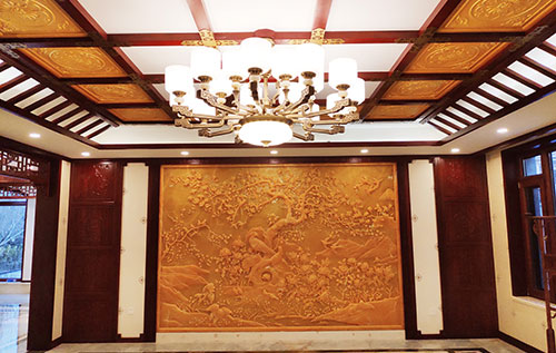 隆安中式别墅客厅中式木作横梁吊顶装饰展示